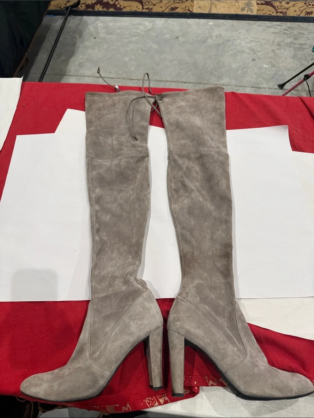 Stuart Weitzman Taupe Suede Over-the-Knee Block Heel Boots